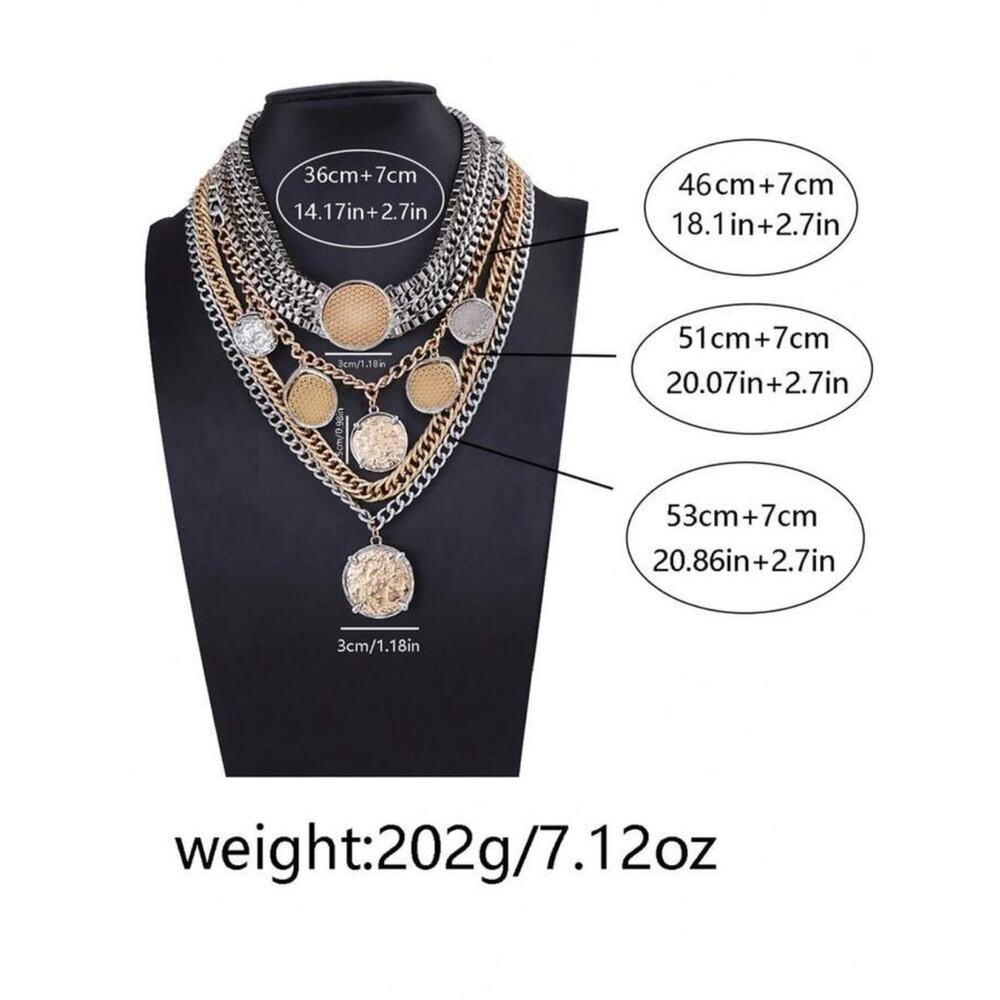 Stainless Steel Multilayer Coin Statement Necklace Old Money Layered Chain - Picture 11 of 11